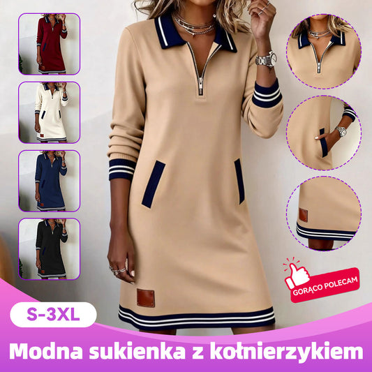 👗🎀【Plata la livrare】Rochie nouă, de iarnă, lejeră, cu blocuri de culori, fermoar, guler și buzunare.