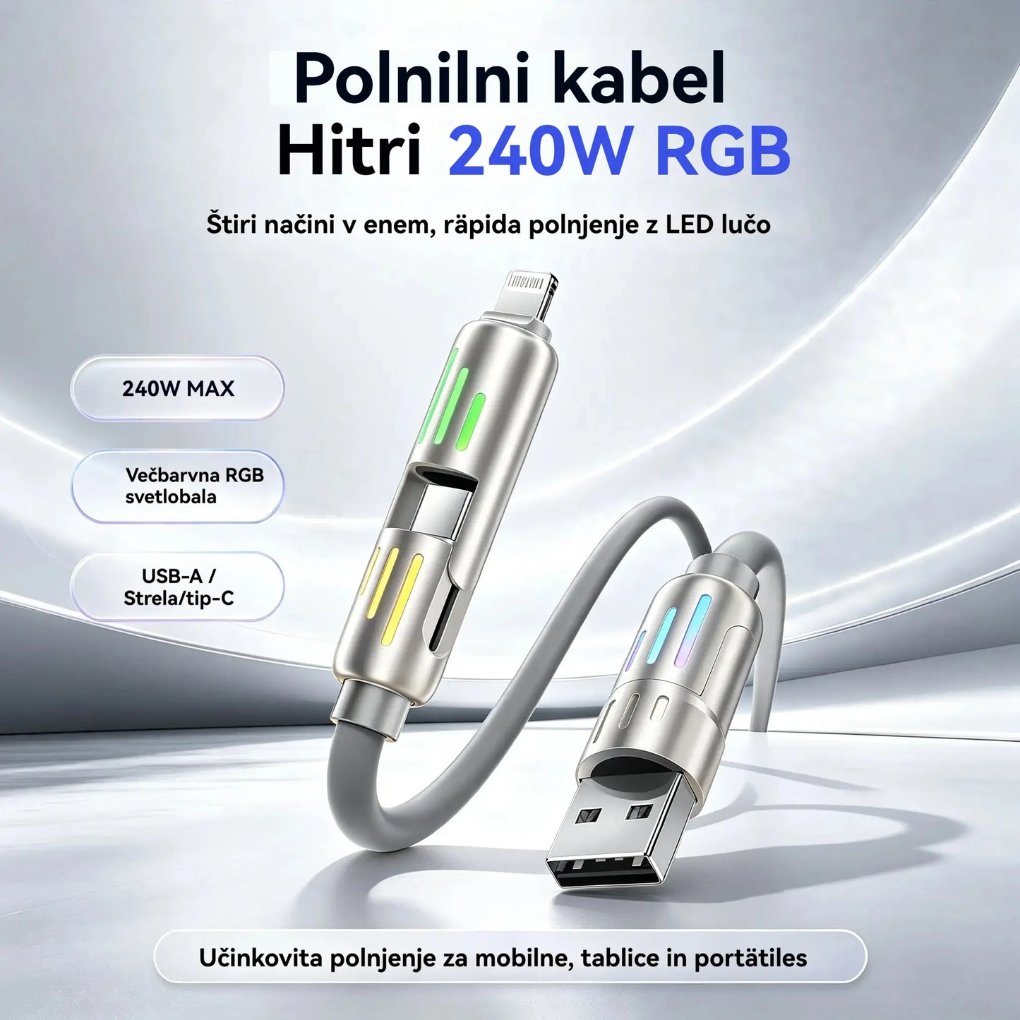 🔥 【2 kosa za 24 evrov】 🔥 (dolžina 2 metra) 4-v-1 kabel PD 240 W – hitro polnjenje USB‑C, Lightning in USB‑A, aluminij in silikon, sinhronizacija podatkov ⚡📱