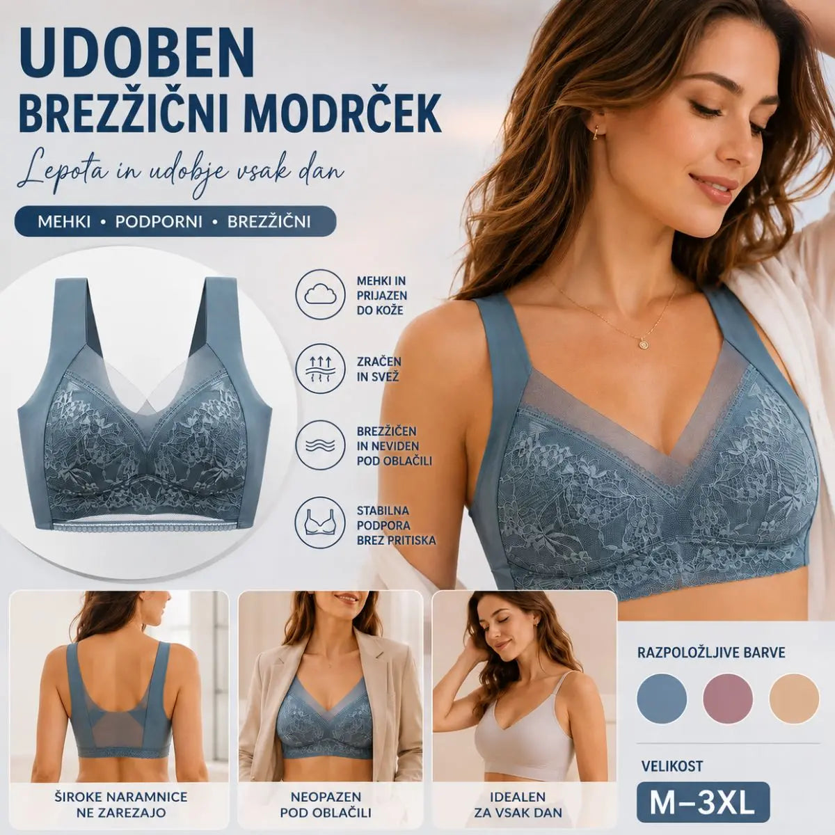 【Kupite 2, dobite 2 gratis】🔥4 kosov za 25 €【40–110 KG】Udoben brezšivni čipkasti modrček za ženske