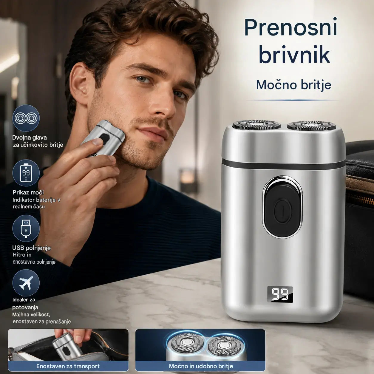 🧡【Zadnji dan, pol cene】Mini prenosni električni brivnik z magnetnimi vodoodpornimi dvojnimi rezili