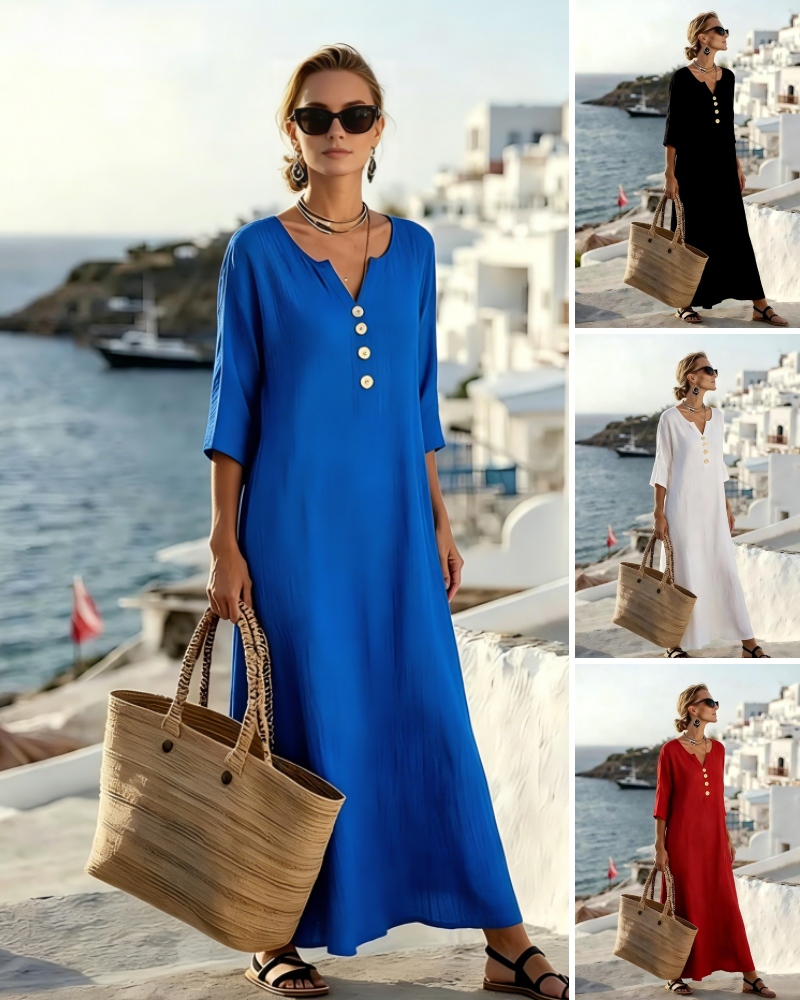 💗【S-3XL】👗Damska sukienka z bawełny i lnu, z bufiastymi rękawami i guzikami