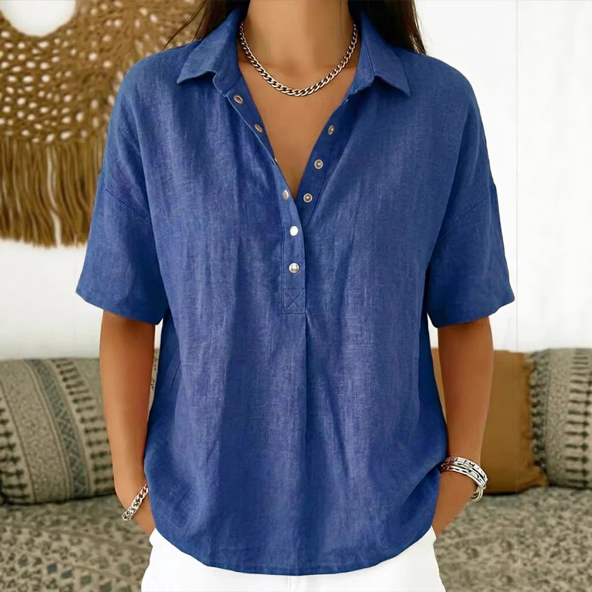 ⏳ Poslední den, sleva 50 %! 【S-3XL】Dámská bavlněná a lněná košile s krátkým rukávem, úzký střih, všestranná, prodyšná, pohodlná a bezstarostná.