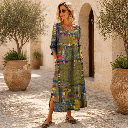 Manuela | Vestido Maxi Bohemio con Estampado de Patchwork Étnico