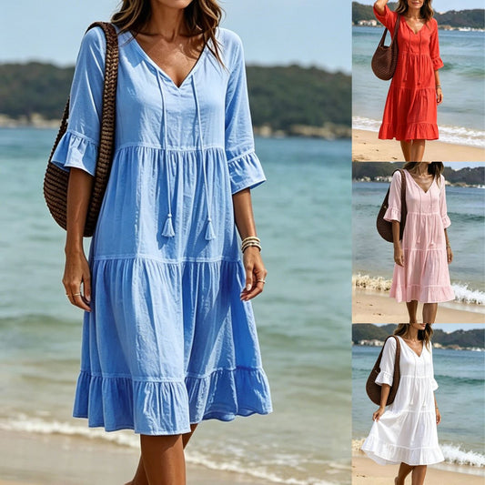 👗【S-3XL】Letnia sukienka maxi z mieszanki bawełny i lnu, z dekoltem w serek