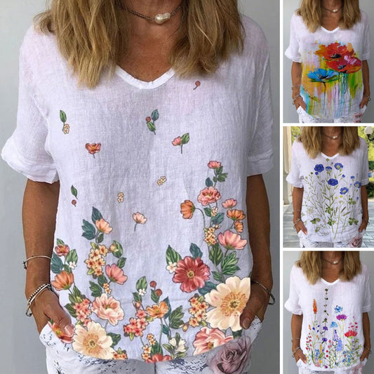 💐🌈T-shirt z krótkim rękawem z lnu i bawełny z nadrukiem w kwiaty