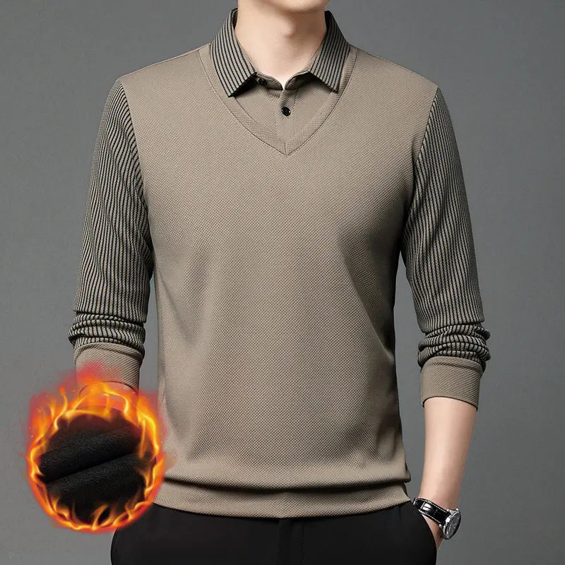 【M-4XL】 Polo majica v videzu dveh kosov z imitacijo črt v slogu patchworka