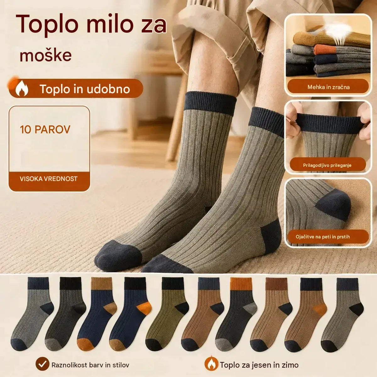 【10 parov】【38–47】Nove, tople, pletene moške nogavice z barvnimi bloki v retro slogu
