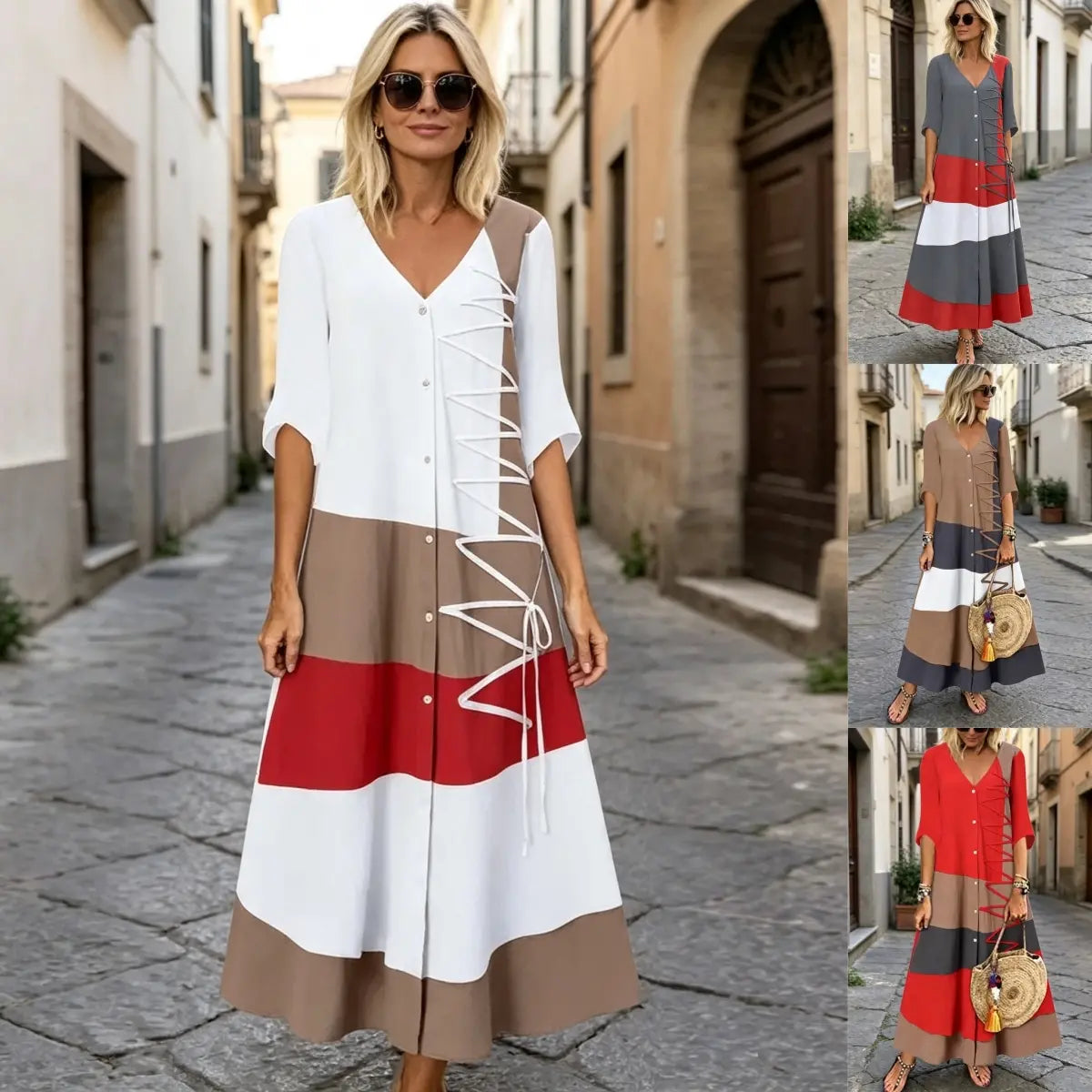 ⏳ Zadnji dan 50 % popusta 【S–5XL】 Nova modna ženska obleka s kontrastnimi barvami, V-izrezom in oprijetim krojem, udobna in enostavna za kombiniranje.