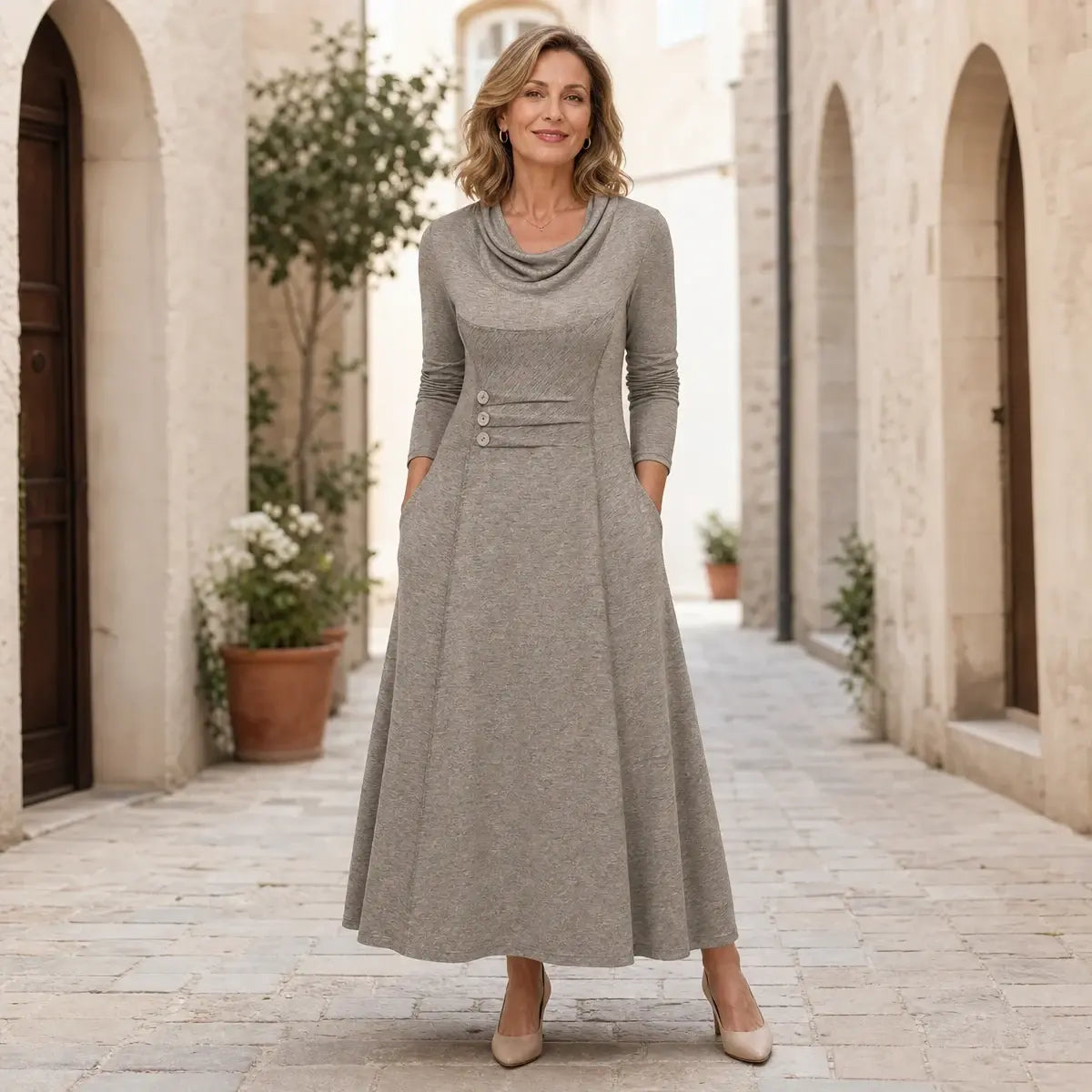【50% popust】【S-3XL】Nova enobarvna obleka z okroglim izrezom in gumbi, z žepi, iz leta 2026