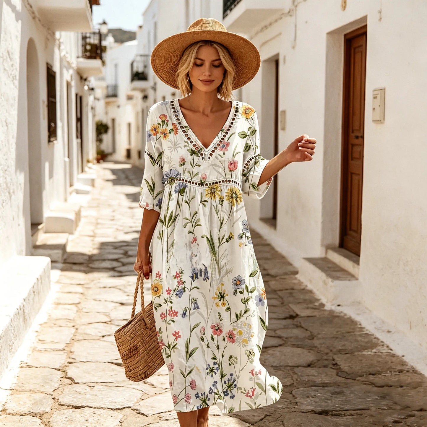 👗 【S-3XL】 Dámské dlouhé šaty z bavlny a lnu s potiskem - letní styl, výstřih do V