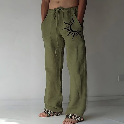 👖🌙【50% zniżki 🔥】【S–6XL】Nowe męskie spodnie z bawełny i lnu z księżycowym wzorem, luźny krój z szerokimi prostymi nogawkami, duże rozmiary