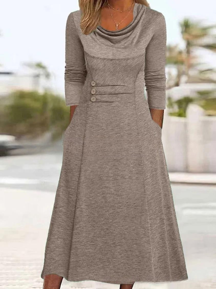 【50% popust】【S-3XL】Nova enobarvna obleka z okroglim izrezom in gumbi, z žepi, iz leta 2026