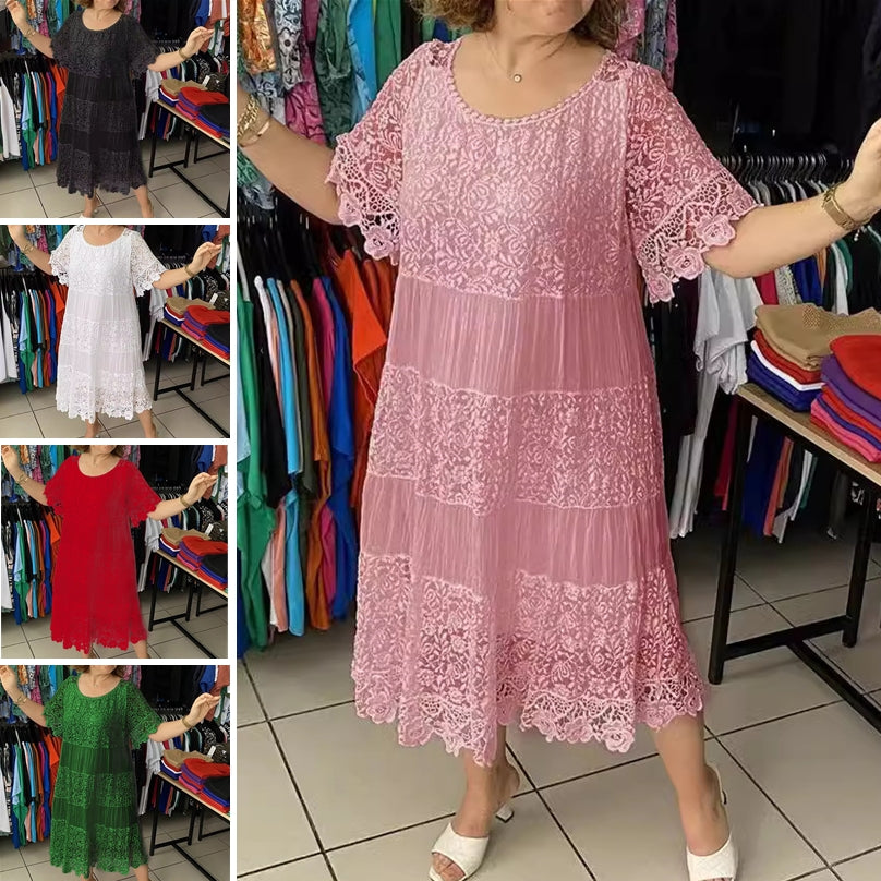 🌺👗【S-5XL】Nowa koronkowa sukienka z krótkim rękawem i okrągłym dekoltem