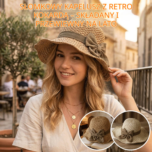 🎀🎀 Obniżka o 50% 👒 | Słomkowy kapelusz z retro kokardą – składany i przewiewny na lato