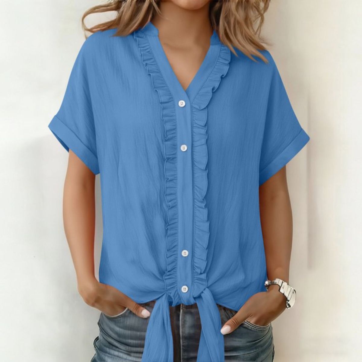 👚Νέο μοντέρνο γυναικείο casual μονόχρωμο πουκάμισο με V ντεκολτέ και βολάν