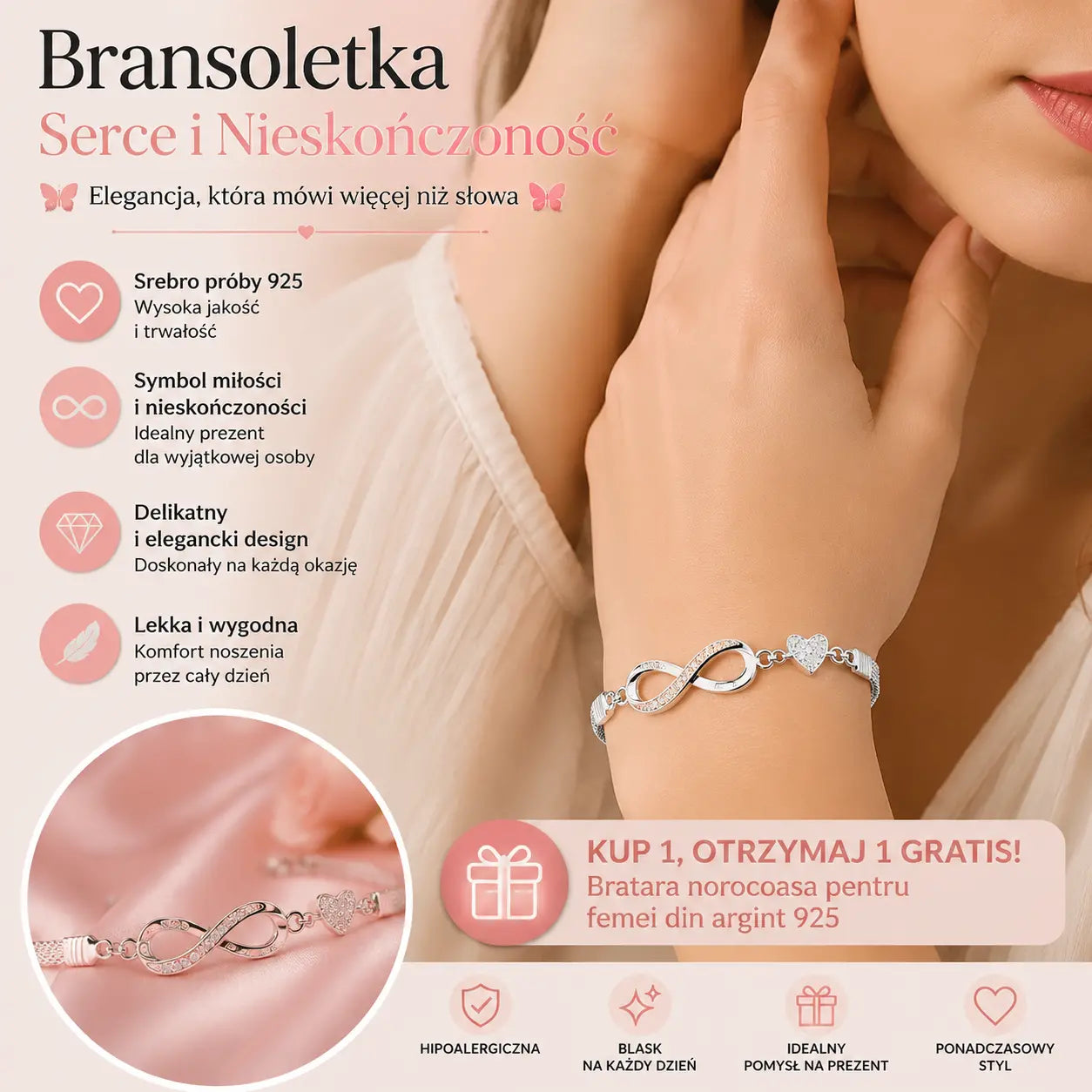 【🎁Kup 1, a 1 dostaniesz gratis】✨Srebrna bransoletka damska próby 929 na szczęście
