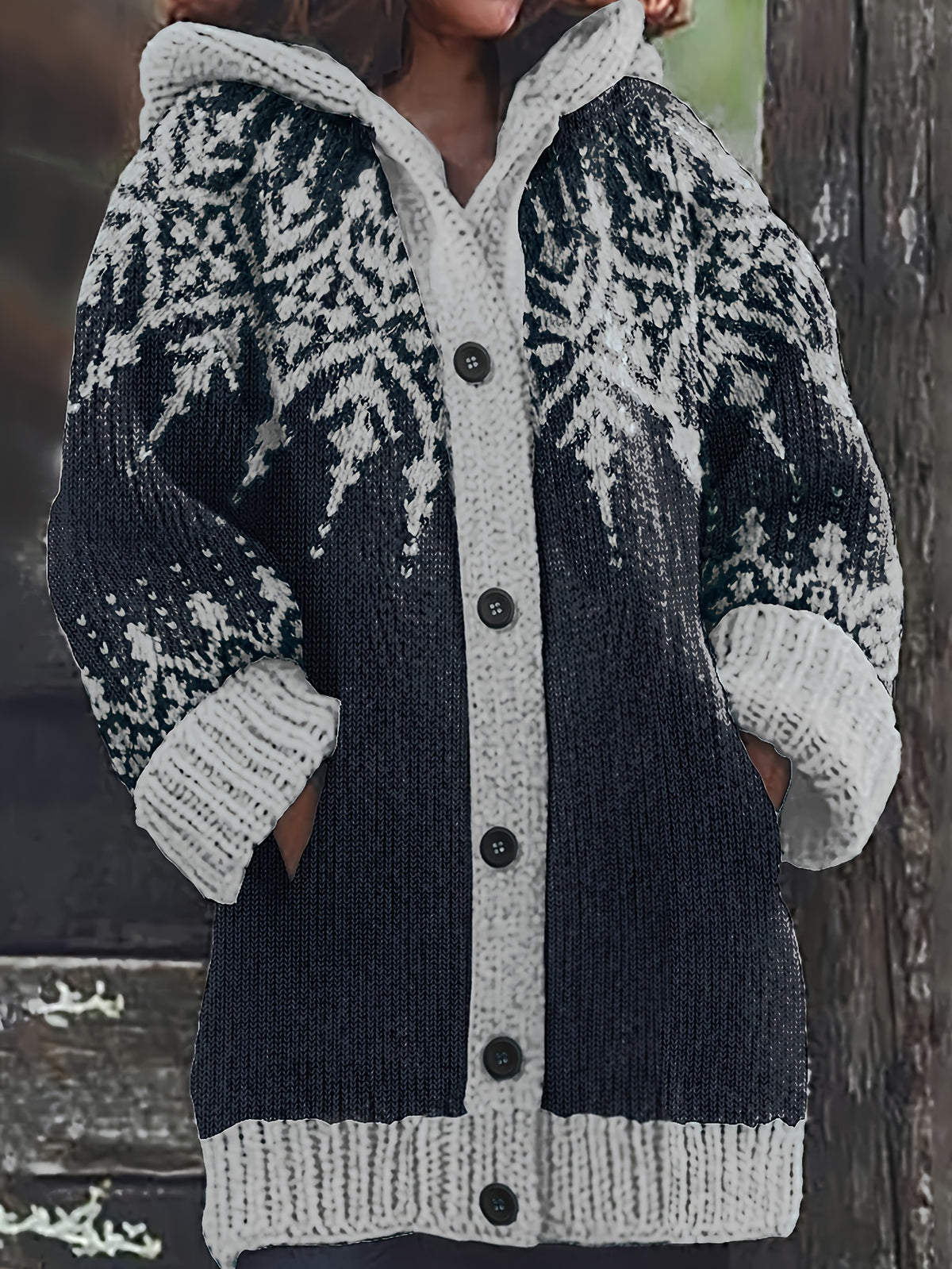⛄【S~5XL】❄Elegancka kurtka retro z kapturem, z motywem płatków śniegu i blokami kolorów