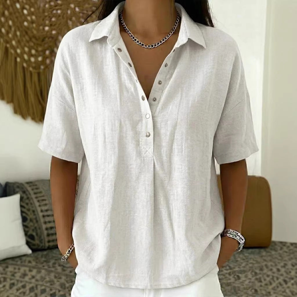 ⏳ Poslední den, sleva 50 %! 【S-3XL】Dámská bavlněná a lněná košile s krátkým rukávem, úzký střih, všestranná, prodyšná, pohodlná a bezstarostná.