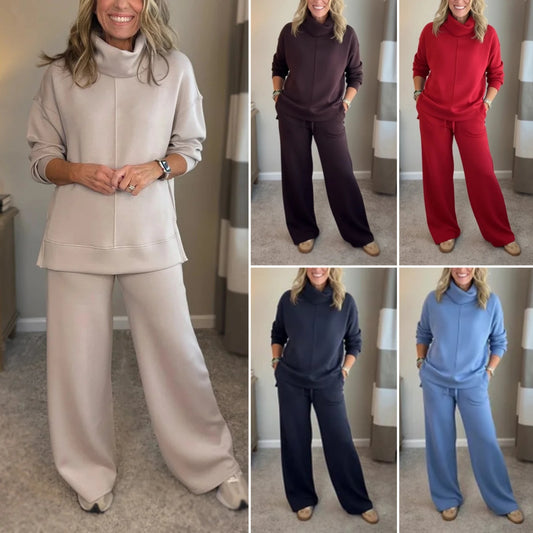 Sweter z wysokim kołnierzem w stylu minimalistycznym + proste spodnie casualowe