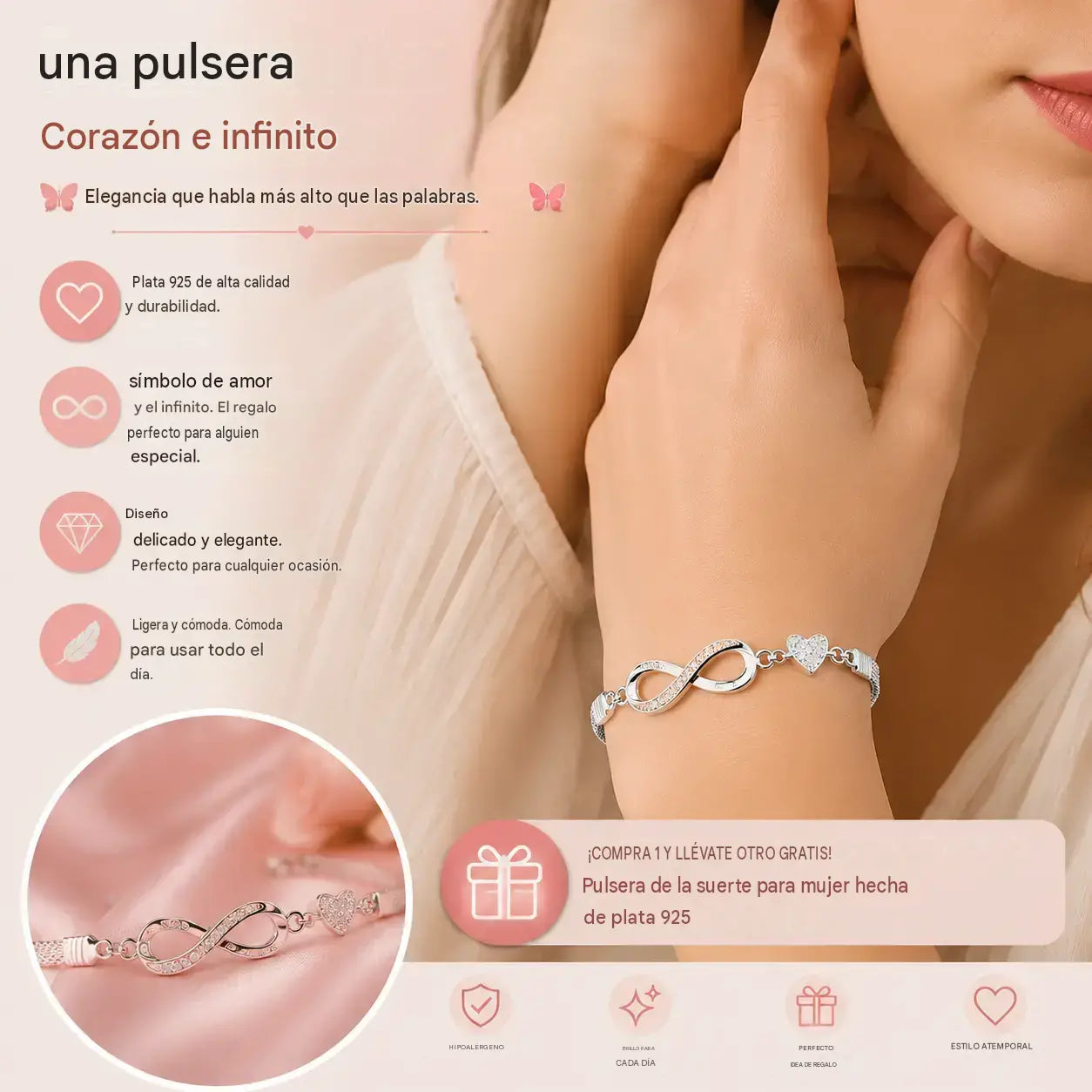 ✨🎁【Compra uno, llévate otro gratis】【2 pulseras】✨✨Pulsera de la suerte para mujer, elaborada en plata 925