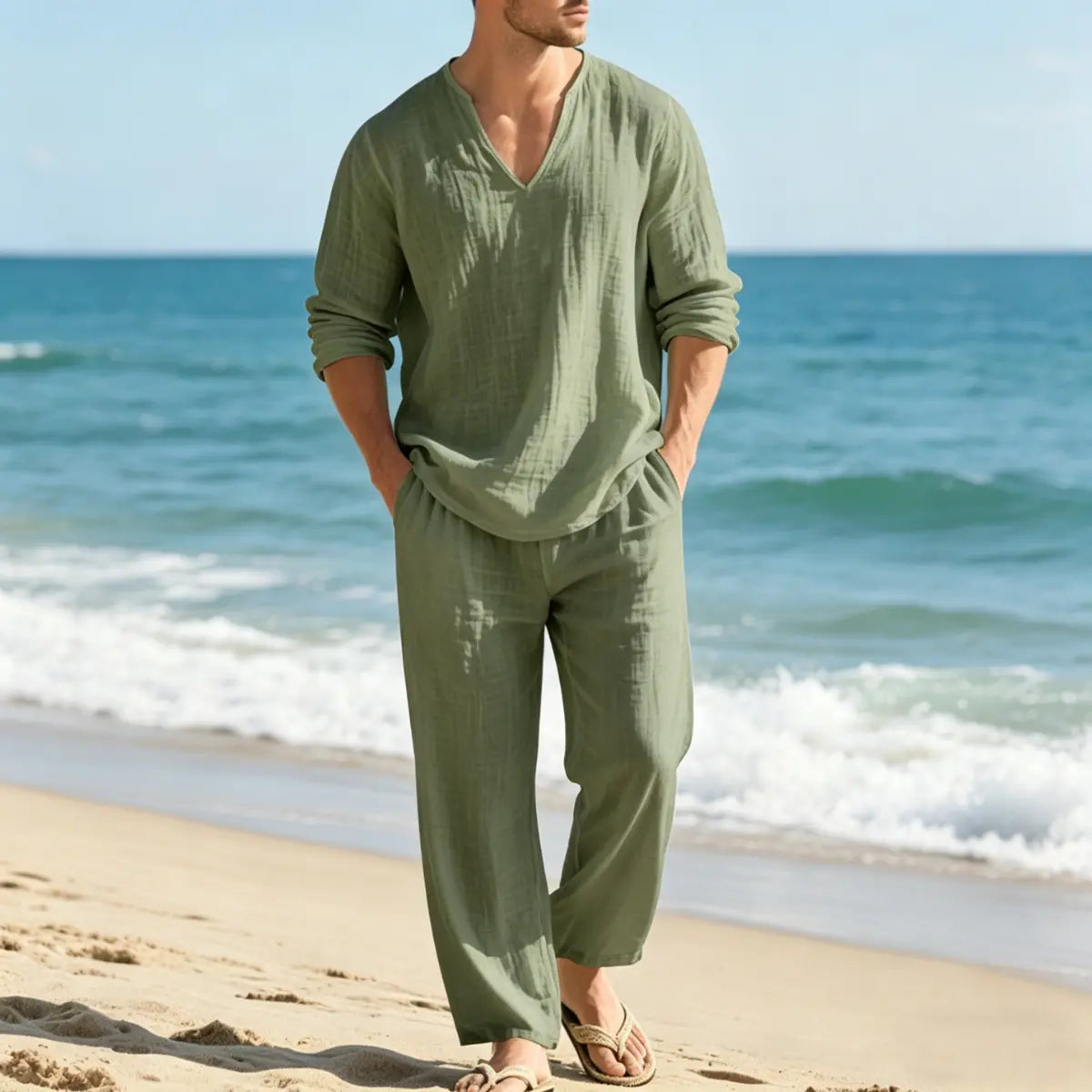 🌴50% popust🔥【Top + hlače】Moška sproščena lanena obleka z ohlapnim krojem in V-izrezom za na plažo. ✅️Plačilo ob dostavi