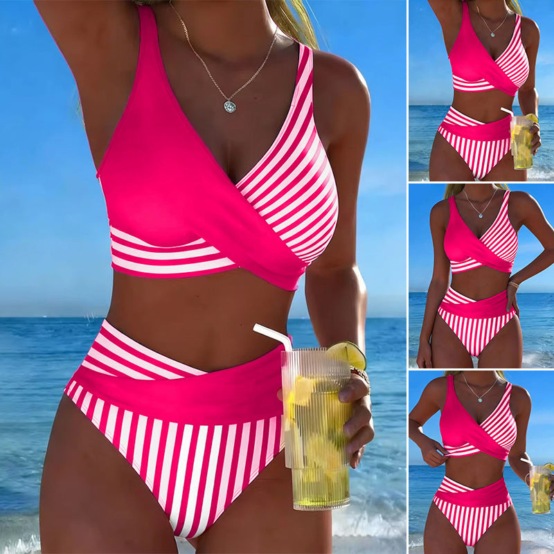 【40-100 kg】Dvoudílné bikiny s barevnými bloky a pruhy
