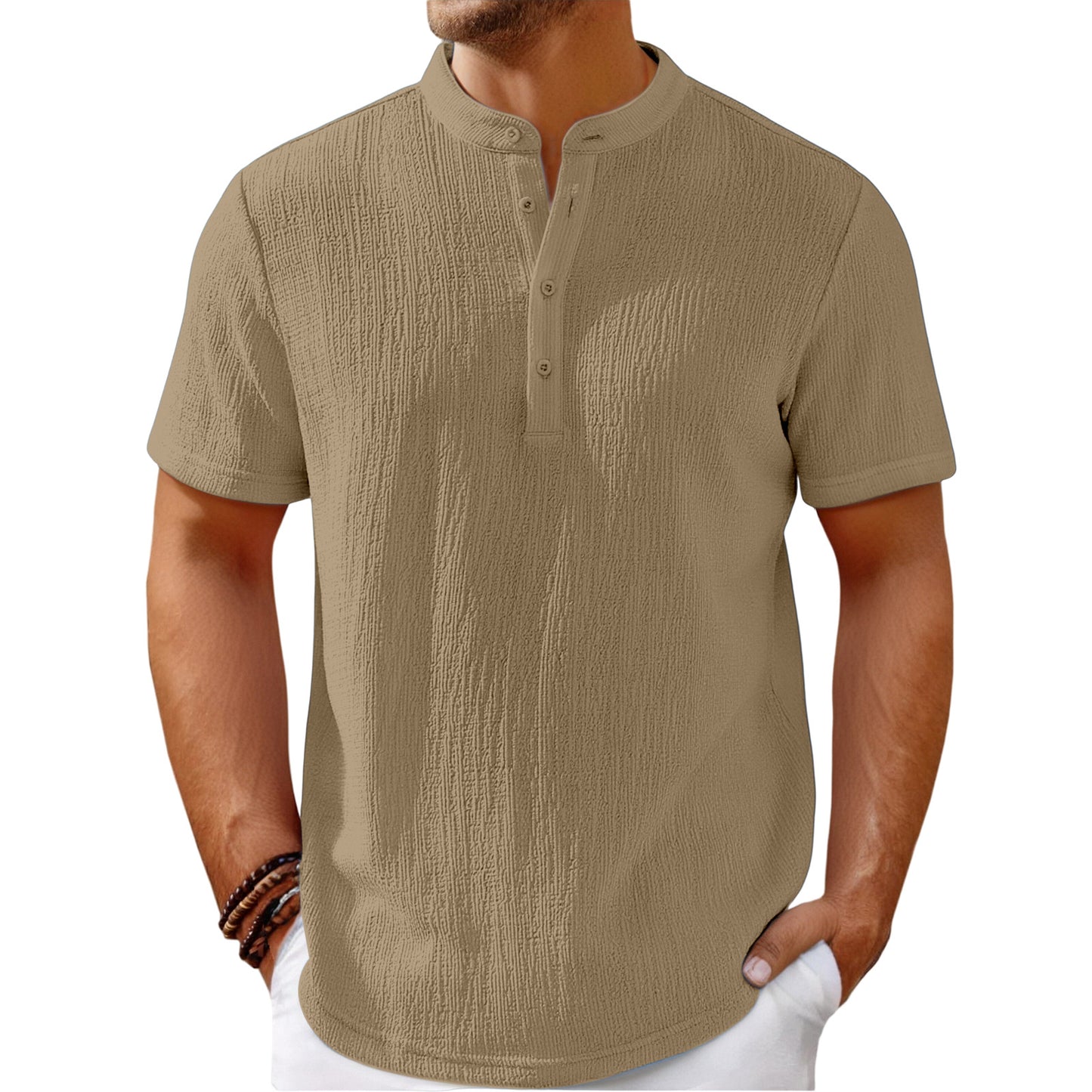 【S-4XL】Męski T-shirt o efektownej fakturze i dekolcie typu Henley – wygodny i stylowy na co dzień