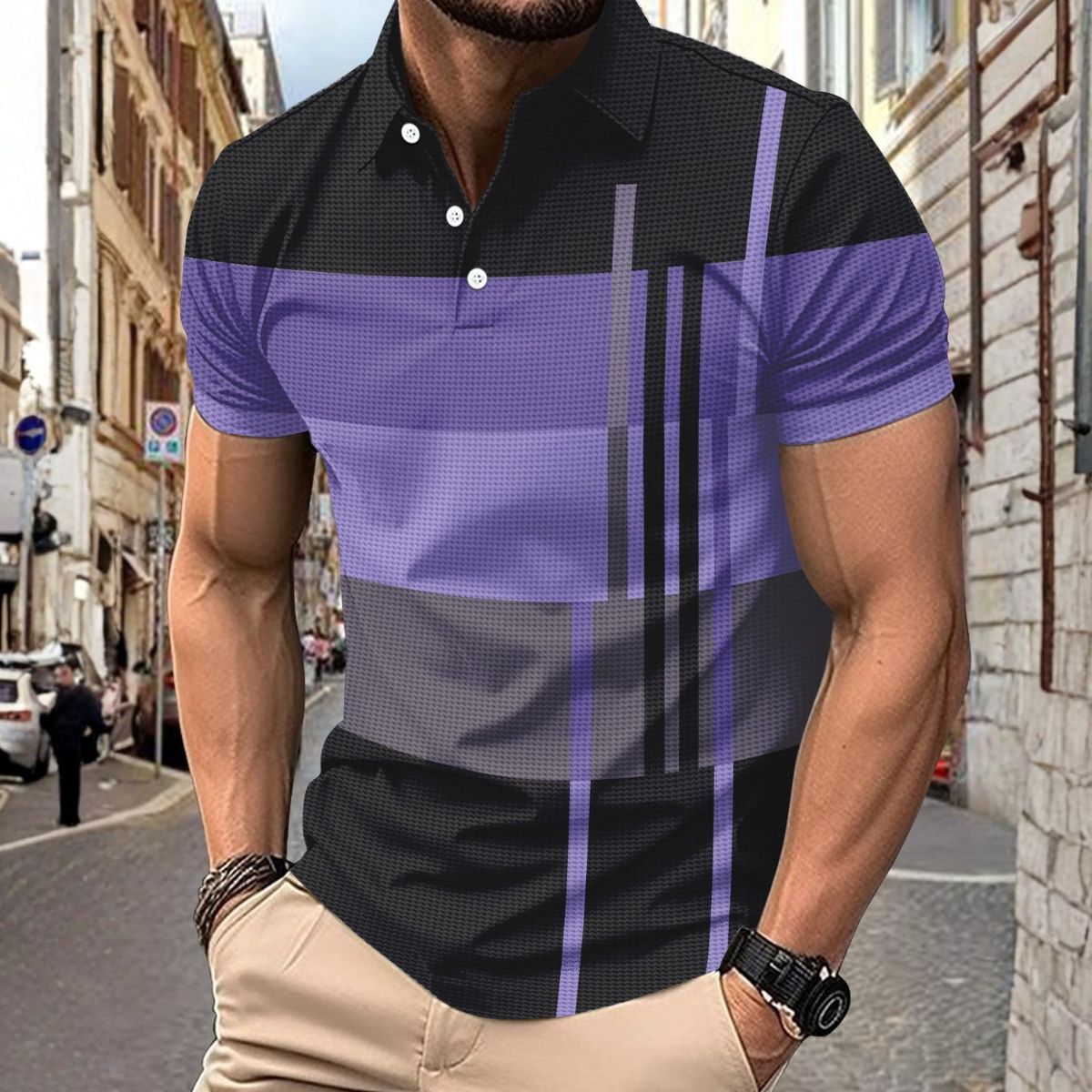 💥Εποχιακή προσφορά 👕Ανδρική μπλούζα Polo με ρίγες, κοντό μανίκι και γιακά (S-5XL)