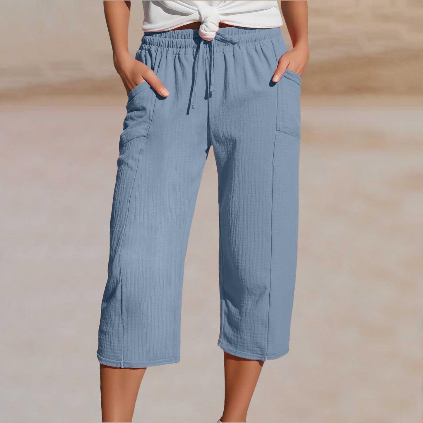 🌸【40-100kg】Damskie gładkie spodnie typu cropped, plisowane, z bawełny i lnu