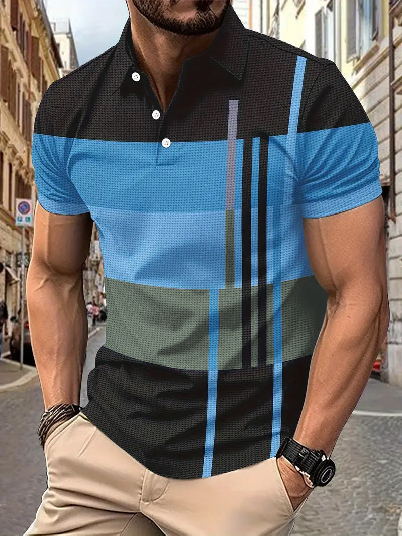 💥Εποχιακή προσφορά 👕Ανδρική μπλούζα Polo με ρίγες, κοντό μανίκι και γιακά (S-5XL)