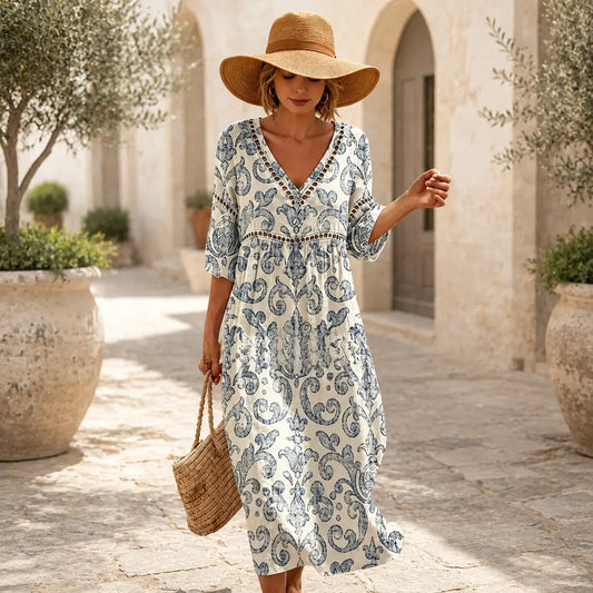 👗 【S-3XL】 Dámské dlouhé šaty z bavlny a lnu s potiskem - letní styl, výstřih do V