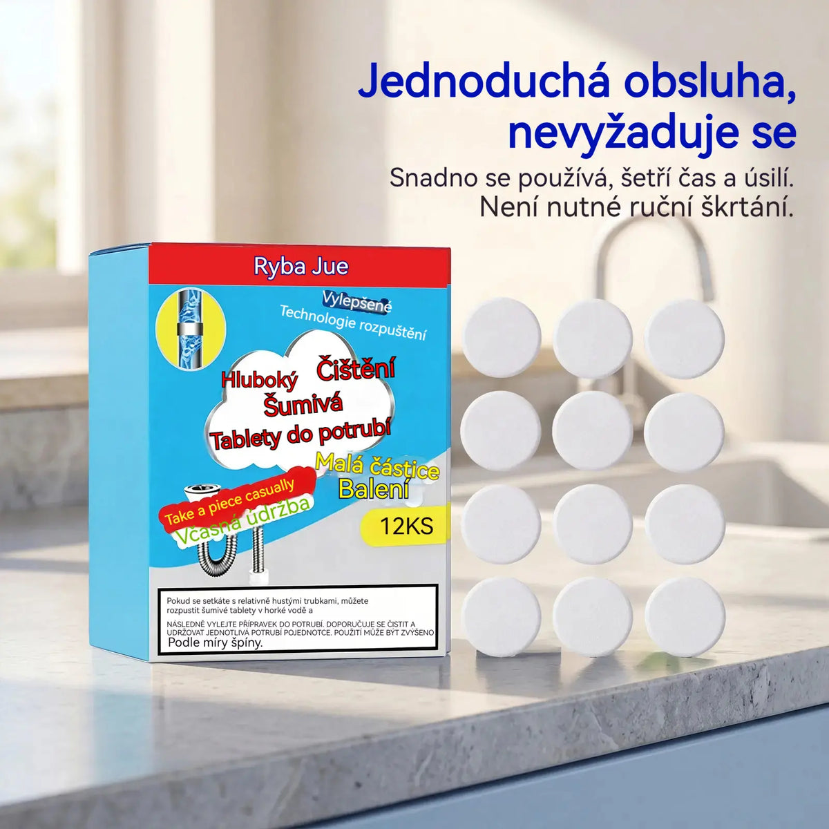 🥳3 krabičky za 610 Kč💞 Účinné šumivé tablety na čištění potrubí, rychle rozpouštějí mastnotu a ucpání z vlasů, antibakteriální čistič potrubí a deodorant pro dřez, toaletu a podlahové odpady.