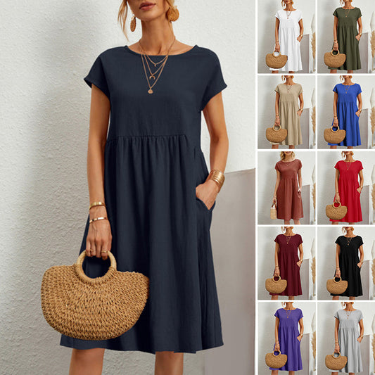 😍【Promocja na zmianę sezonu】👗【Rozmiary S-5XL】 Damska sukienka lniano-bawełniana nowość 2026, z dekoltem okrągłym, wygodnym krojem