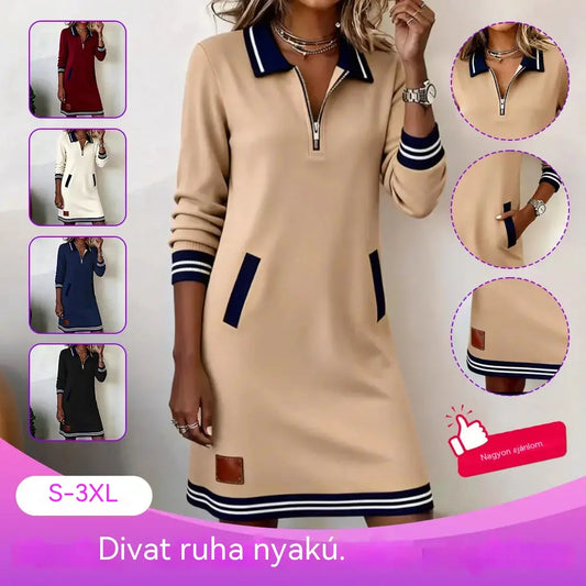 🔥🔥【S-3XL】【40-100 kg】2026-os őszi casual ruha, galléros, hosszú ujjú, színblokkolt zsebes kialakítással
