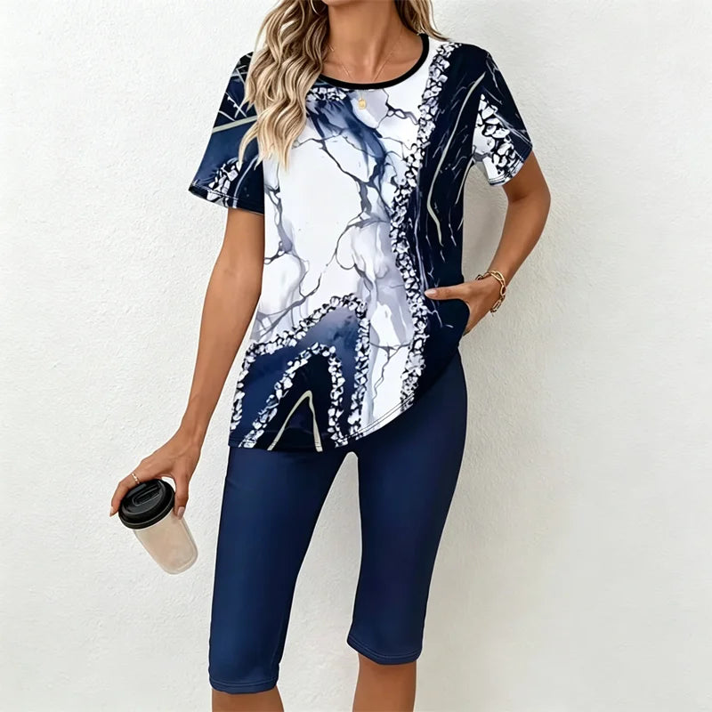 Damski zestaw dwuczęściowy w stylu casual: T-shirt z marmurkowym wzorem i spodnie w kratę – miękki, przewiewny i elastyczny materiał, swobodny styl letni