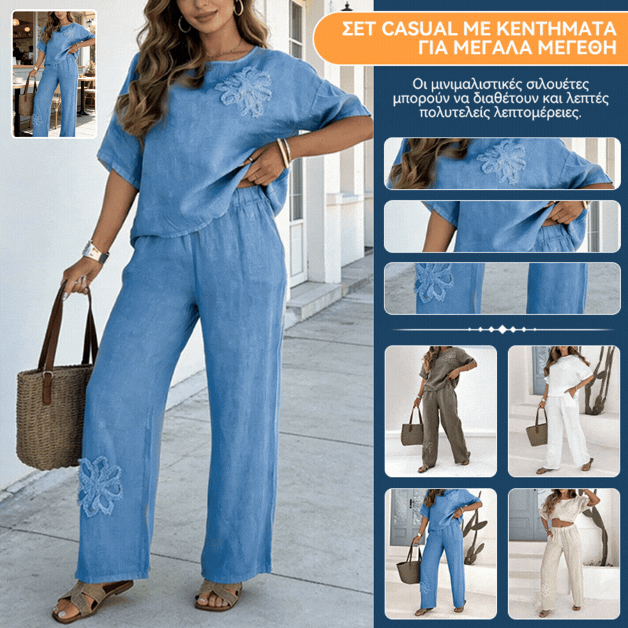【40-120 kg】【S-5XL】👩‍💼Elegancki dwuczęściowy komplet damski z haftowanymi kwiatami【Top + Spodnie】