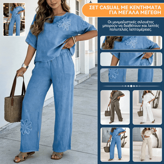 【40-120 kg】【S-5XL】👩‍💼Elegancki dwuczęściowy komplet damski z haftowanymi kwiatami【Top + Spodnie】