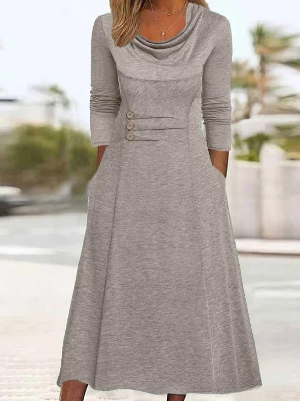 【50% popust】【S-3XL】Nova enobarvna obleka z okroglim izrezom in gumbi, z žepi, iz leta 2026