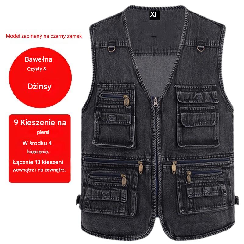 【Nowa kolekcja -50%】Kamizelka dżinsowa męska z wieloma kieszeniami 【XL–7XL】 – Wytrzymała, oddychająca i wygodna