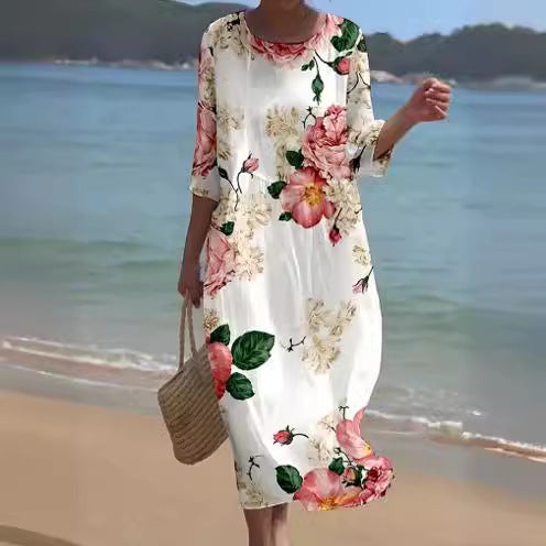 🔥🌸【S-5XL】Nova obleka z okroglim izrezom s cvetličnim vzorcem