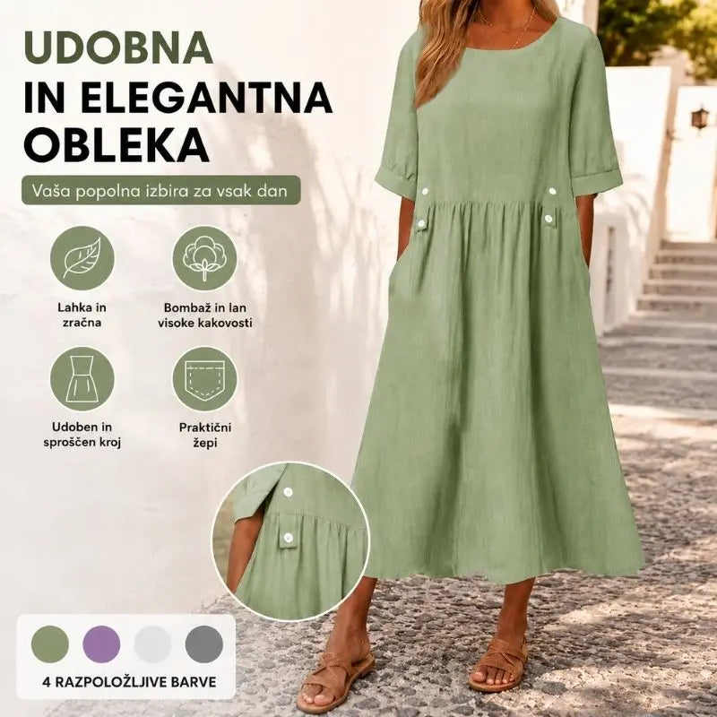 🌹 Leta bombažna lanena ženska obleka z okroglim izrezom.