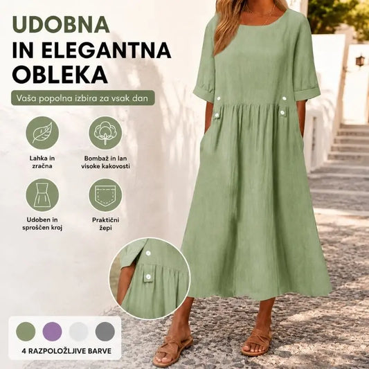 🌹 Leta bombažna lanena ženska obleka z okroglim izrezom.
