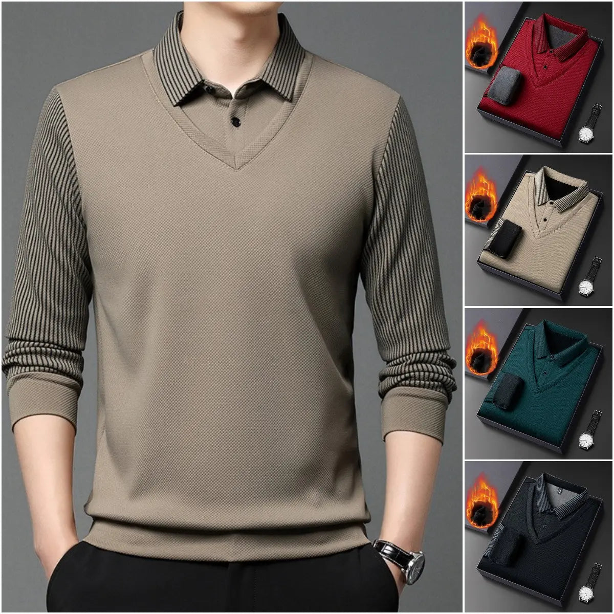 【M-4XL】 Polo majica v videzu dveh kosov z imitacijo črt v slogu patchworka