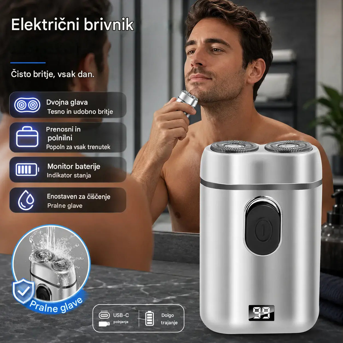 🧡【Zadnji dan, pol cene】Mini prenosni električni brivnik z magnetnimi vodoodpornimi dvojnimi rezili