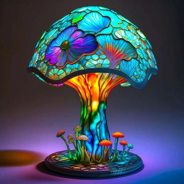 🍄Lampa stołowa w kształcie grzyba, witraż o tematyce roślinnej, retro lampka nocna, wykonana z kolorowej żywicy.