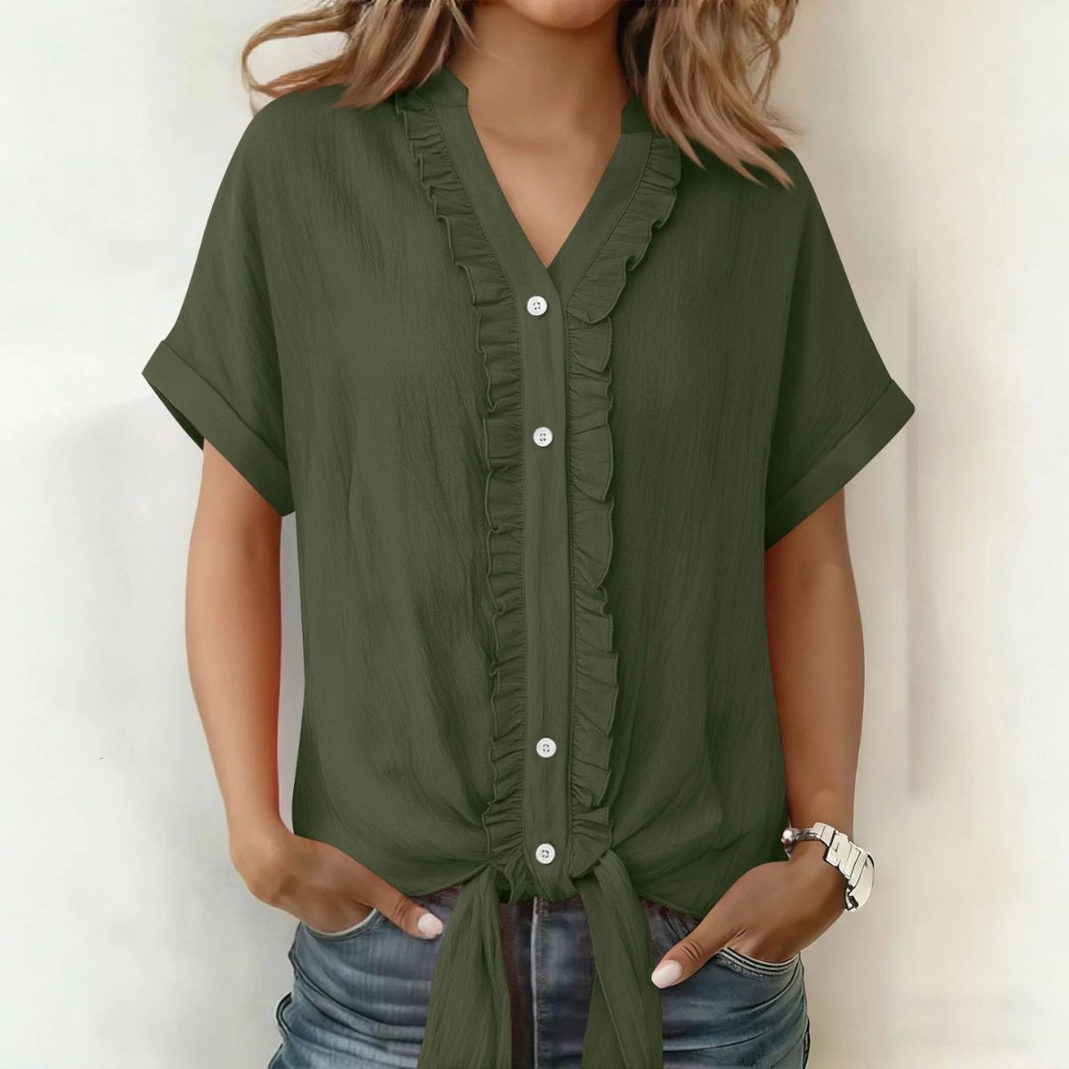 👚Νέο μοντέρνο γυναικείο casual μονόχρωμο πουκάμισο με V ντεκολτέ και βολάν