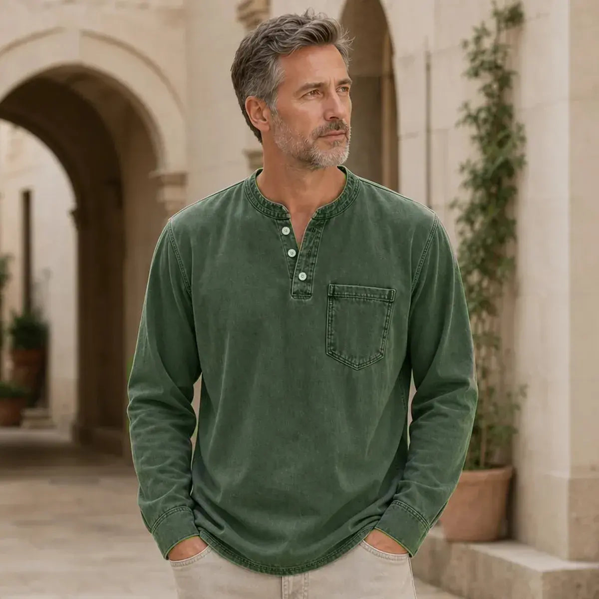👔 Męska koszulka Henley z długim rękawem i kieszonką na piersi | Klasyczny styl casual ✨