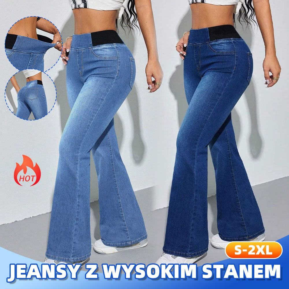 🥇Nowe wiosenne damskie jeansy z wysokim stanem wyszczuplające z rozszerzaną nogawką