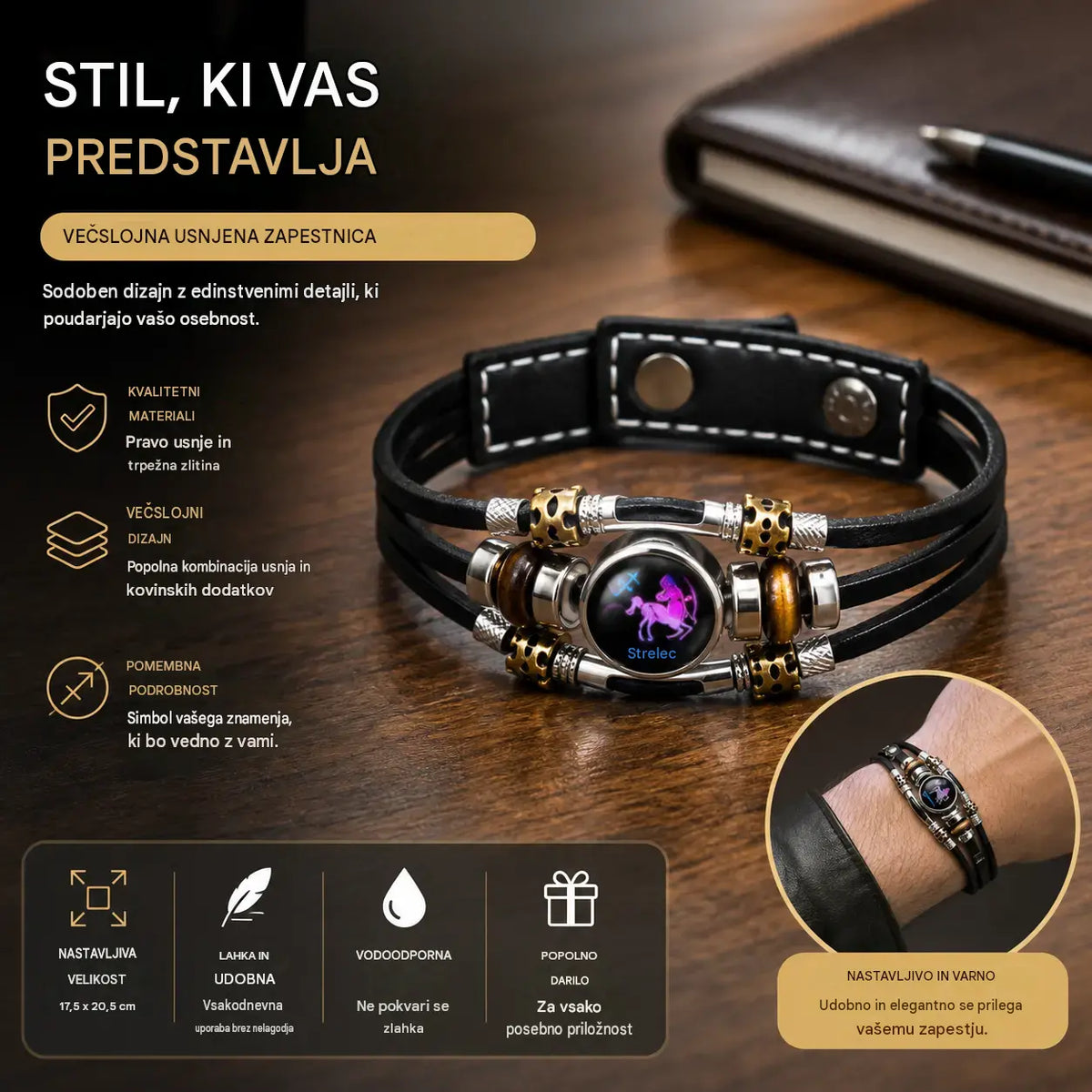 🌙 Svetleča usnjena zapestnica z zodiakalnim simbolom – 3-plastna pletenica, nastavljiva dolžina, unisex 💫✨