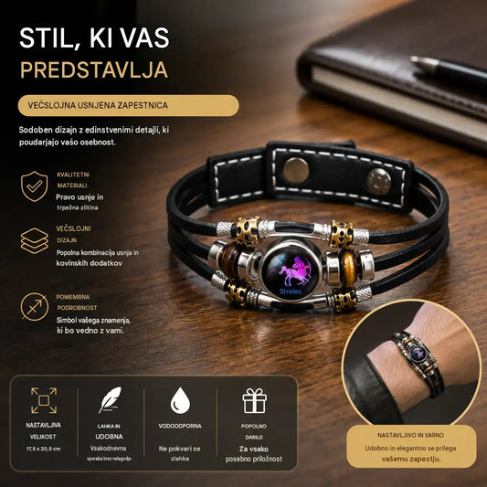 🌙 Svetleča usnjena zapestnica z zodiakalnim simbolom – 3-plastna pletenica, nastavljiva dolžina, unisex 💫✨